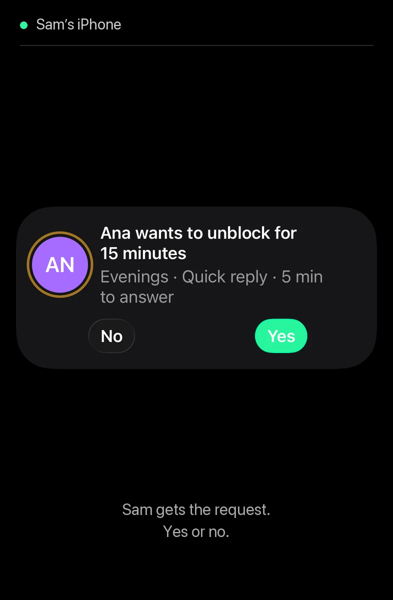 Ripple’s Ask your group flow: Ana chooses Quick reply, asks her group, Sam answers Yes, and Ana gets a 15-minute break.